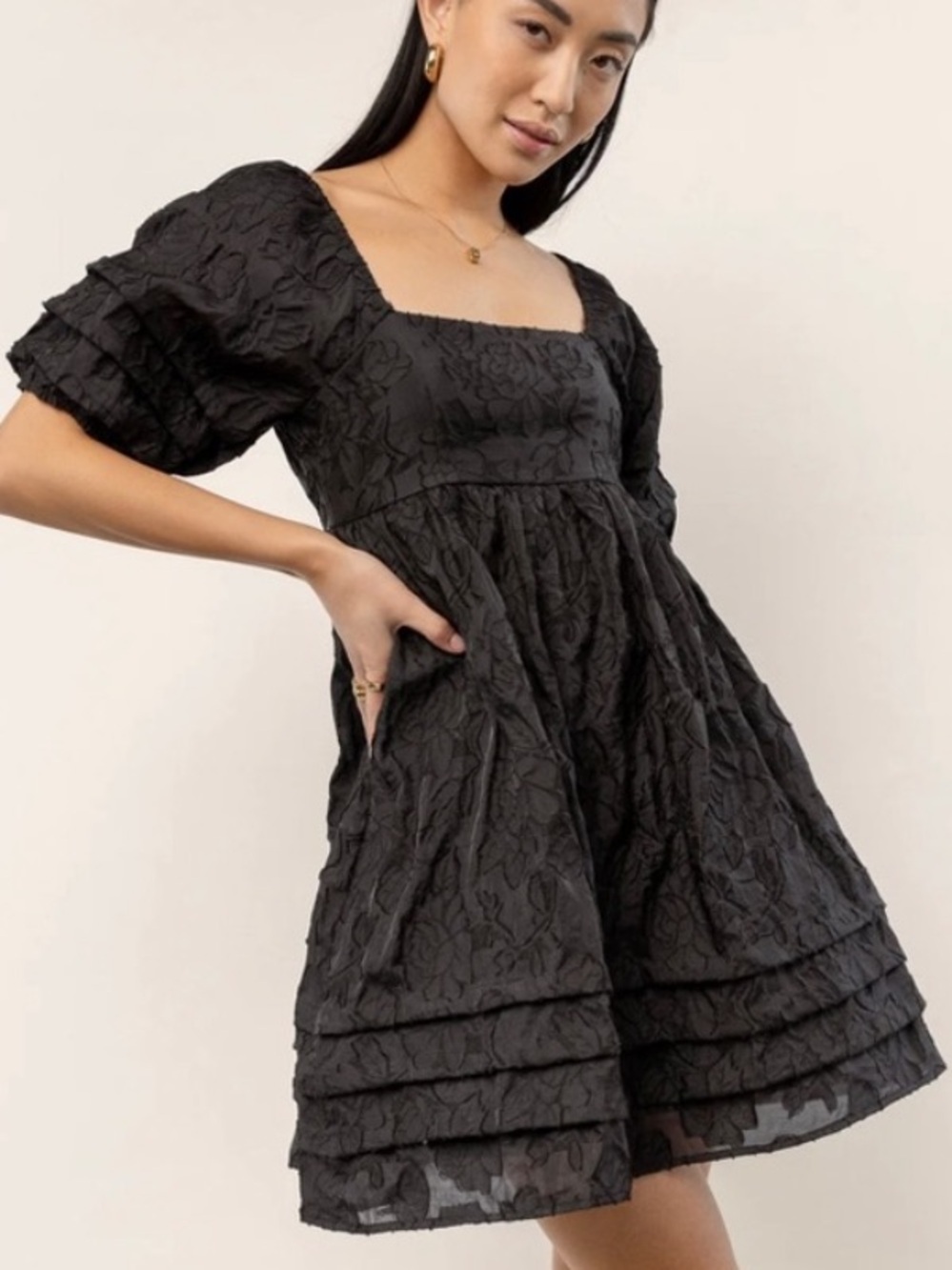 Bohme Black Puff Sleeve Square Neck Jacquard Baby Doll Mini Dress Size Small